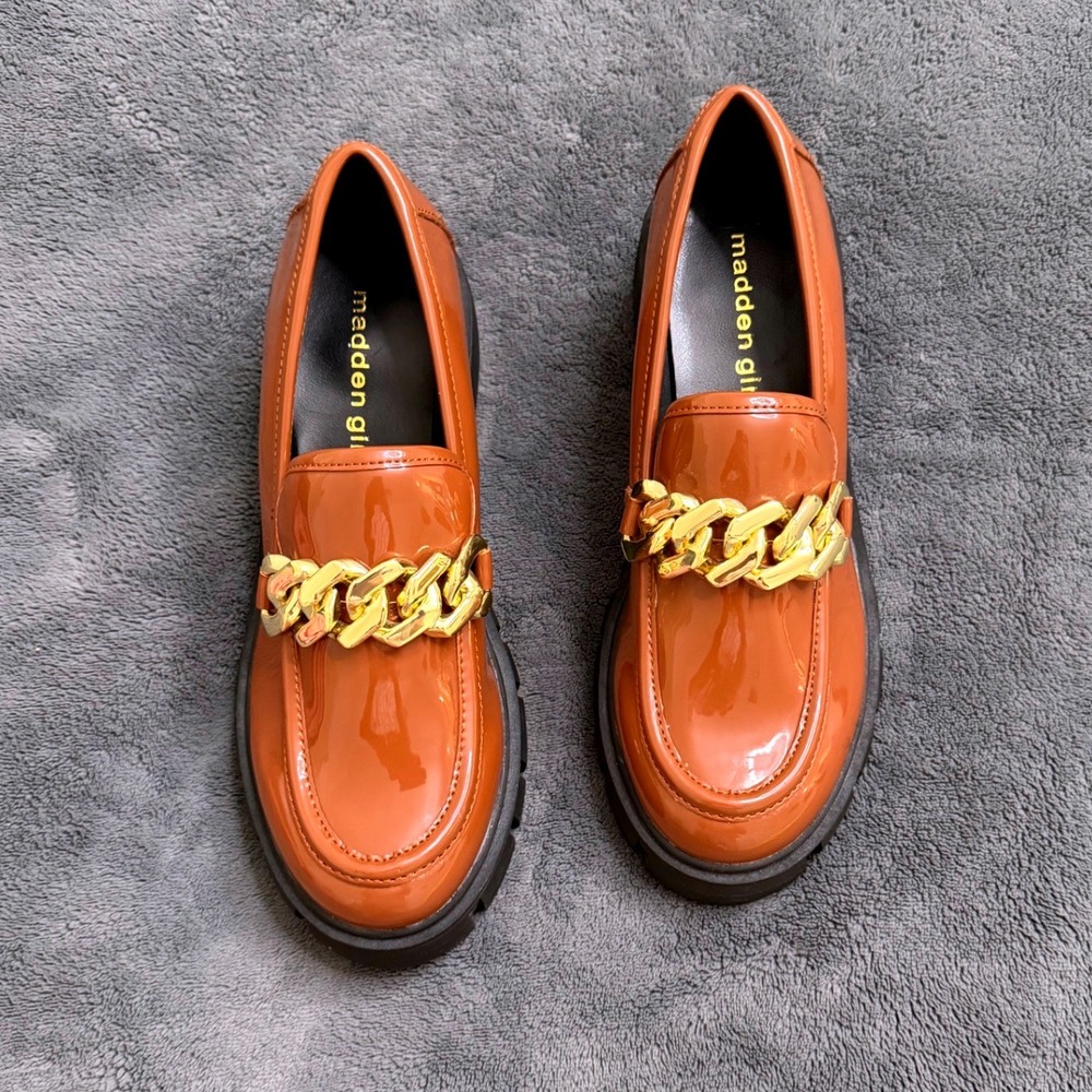 Madden Girl Patent Orange Loafers with Gold Chain